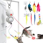 FEELNEEDY Interactive Cat Toys, LED Light, 8 PCS Replacement Teaser with Bell Refills, Feather & Mouse Cat Toys, Hanging Cat Toys for Indoor Cats, for Bored Adult Cats Kitten Exercise, Silver