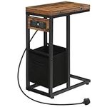 HOOBRO C Shaped Side Table, Sofa Side Table with Charging Station, Foldable Laptop Table for Sofa, 2 USB Ports and 2 AC Outlets, Bedside Table with Fabric Bag, Rustic Brown and Black EBF30KSF01