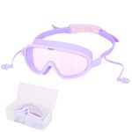 PANFIKH Swimming Goggles for Kids 6-14 Ages with Adjustable Strap Swimming Accessories Clear Lenses Swimming Goggles for Women Swimming Gear - Big Frame Goggle, Leakproof, Anti-Fog (Purple)