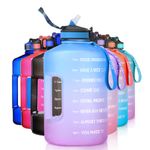 ETDW 74OZ Water Bottle with Straw and Time Marker, Half Gallon Drinking Bottle with Handle BPA Free, LeakProof Reusable Huge Water Jug One Hand Open Blue Pink