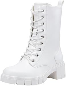 Vepose Women's All White Combat Boots Lace Mid Calf Chunky Platform 9650A Low Heel Boot with Side Zipper Size 6.5 (CJY9650A allwhite 06.5)