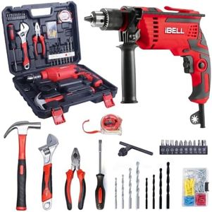 IBELL Professional Tool Kit with Impact Drill TD13-85, 650W, Copper Armature, Chuck 13mm, 59 Home Essential Tools/Accessories with RED/BLACK BMC box