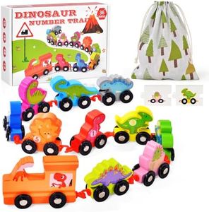 Vicloon Treno Giochi Legno Bambino, 22 Pezzi Set Giochi Montessori Trenino di Numero 0-10 con Carta dei Dinosauri, Gioco Treno Dinosauro per Bambini Ragazzi Ragazze età 2 3 4 anni Natale Regalo
