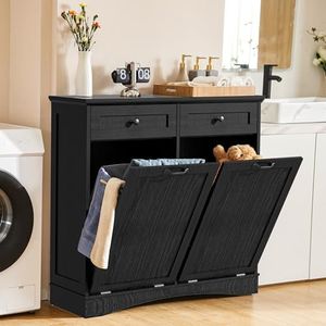 OUTGUAVA Double Tilt Out Trash Cabinet Freestanding Wooden Garbage Can Cabinet with Hideaway Drawers, 2x13 Gallons Pet Proof Garbage Can Holder for Kitchen Living Room, Dark Black