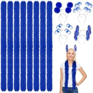 Hotop 8 Pcs 5 ft Feather Boas Artificial Fluffy Boas and 8 Pcs Pom Pom Headbands Tinsel Wrapped Ponytails Headbopper (Dark Blue)