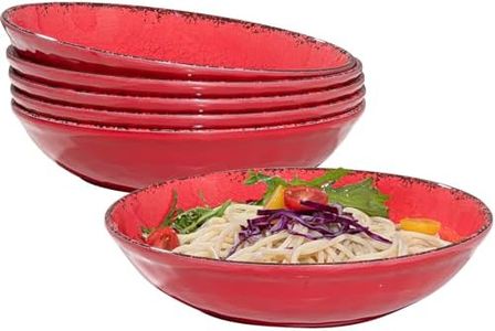 ZAROCRUS Farmhouse Melamine Pasta Bowls Set of 6, 42 OZ Large Serving Bowls Set, 9.25 inch Ramen Bowls,Wide and Shadow Rustic Red Round Dinner Bowl, Fruit bowl, Noodle Bowl, Salad Bowl Set, Red…
