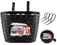 YeloYolker Boys Bike Basket with Bell, Cute Bicycle Front Handlebar Basket for Kids, Toddlers, Plastic Scooter Basket(Fire Truck)