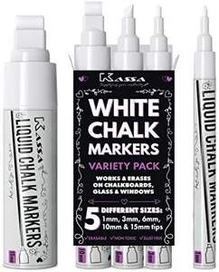 Kassa 5-Pack White Chalk Markers | Includes 1mm, 3mm, 6mm, 10mm & 15mm Tips | Works on Chalkboards, Windows & Glass | Erasable, Dust-Free & Washable | Ideal for Use at Home, School, Office & More