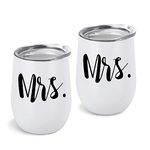 GINGPROUS 2 Pack Mrs and Mrs Wine Tumbler Set, Lesbian Couple Idea for Girlfriend, Engagement Wedding Anniversary LGBT Idea 12 Oz Insulated Stainless Steel Wine Tumbler with Lid, White