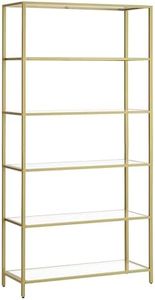VASAGLE Étagère en Verre à 6 Niveaux, Bibliothèque, Étagère de Rangement, Verre Trempé, Facile à Monter, pour Salle de Bain, Salon, Chambre, Bureau, Doré Métallique LGT503A01
