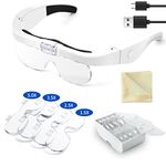 OBOVO Headband Magnifier, Rechargeable Magnifying Glasses with 2 LED Light, Hands Free Interchangeable Magnification Lenses 1.5X 2.5X 3.5X 5X for Jewelry, Crafts, Cross Stitch