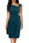 Liyinxi Women's Retro 1950s Cap Sleeve Knee-Length Sheath Slim Business Casual Party Ruched Bodycon Faux Wrap Dress, 8022-teal, Medium