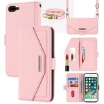 Jaorty Crossbody Wallet for iPhone 7 Plus/iPhone 8 Plus Case with Adjustable Lanyard Strap Credit Card Holder 5.5",PU Leather Handbag Purse Kickstand Make Up Mirror Cover Case for Men Women Girl,Pink