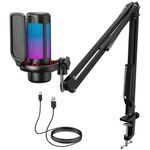 TONOR Gaming USB Microphone with Adjustable RGB Modes & Brightness, Condenser PC Mic with Boom Arm for Streaming Podcast Recording Studio Singing Youtube Compatiple with Computer/Laptop/Mac/PS4 TC310+