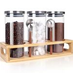 Coffee Canister for Ground Coffee, Coffee Bean Storage Container, Glass Food Storage Containers with Lids Airtight Stainless, 45oz Storage Jars with Shelf, Spoon, Tea Coffee Grounds Container Set