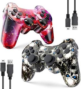 PS3 Controller Wireless, Gaming Remote Joystick for Playstation 3 with Charger Cable Cord (Red Star, Black Ghost)