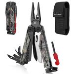 FLISSA 18-in-1 Multitool Pocket Knife with Sheath, Durable Stainless Steel Multi Tool Pliers for Men, Camo All-in-One Tool for Camping, Fishing, and Outdoor Use