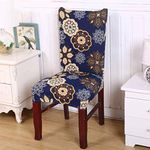 House of Quirk Polyester Spandex Printed Chair Cover Stretch Removable Washable Short Dining Chair Cover Protector Seat Slipcover (Blue Geometry Flower, Pack of 1)