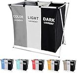 135L Laundry Cloth Hamper Sorter Basket Bin Foldable 3 Sections with Aluminum Frame 26''×24''H Washing Storage Dirty Clothes Bag for Bathroom Bedroom Home Storage basket(3 Liner) (Black+White+Gray)