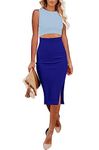 WNEEDU Womens Summer Bodycon Dresses Crew Neck Cutout Midi Dress Casual Slit Sleeveless Ribbed Knit Dress, Water & Royal Blue M