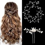 Eowppue Wedding Hair Accessories 2 Pieces Bridal Headband Silver Length 100CM + Silver Hair Fork Bridal Hair Vine for Brides Gold Leaves and Floral Hair Accessories