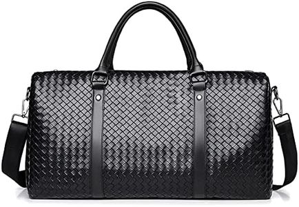 Leather Travel Duffle Bag for Men, Woven Carry On Weekender Overnight Bags for Business Sports Gym, Black, L