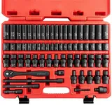 NEIKO 02471A Impact Socket Set, 3/8” Drive, 67 Piece, Metric and Standard Master Socket Set with Shallow & Deep Swivel Sockets, Ratchet, Extension Bars, Adapters, Cr-V & Cr-Mo