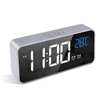 LATEC Digital Alarm Clock with Big LED Temperature Display Bedside Clock with 10 Alarm Sounds USB Charging Port 4 Levels Adjustable Brightness Dimmer Snooze Portable Mirror Alarm Dual Alarm Silver