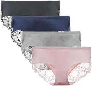 LIQQY Women's 4 Pack Cotton Mid Rise Pretty Lace Back Full Coverage Brief Panty Underwear (Black/Navy/Pink/Grey, Medium)