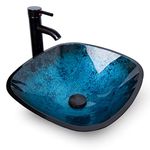 YOURLITE Bathroom Vessel Sink,Bowl Vessel Sink with Faucet and Drain Combo,Blue Tempered Glass Vessel Sink for Bathroom