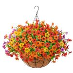 Artificial Faux Fall Hanging Plants Flowers Basket for Autumn Outdoor Decoration, Fake Silk Daisy in Planter Realistic UV Resistant Look Real for Home Porch Outside Patio Garden Yard Decor(Multicolor)