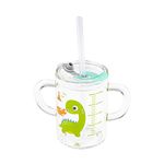 Kids Glass Milk Measure Cup 300ml Sip Sippy Cup with Silicone Straw and Lid Heat-Resistant Leakproof Water Bottle Travel Mug Tumbler with Double Handle,Cartoon Dinosaur Design