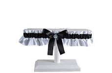 Black and white satin wedding garter with iridescent flower and rhinestone, Black prom and wedding lingerie, Toss or keepsake garter, Jarretière en satin noir et blanc avec fleur et pierre iridescent, Jarretelle mariage ou Prom noire, Jarretière souvenir ou pour lancer