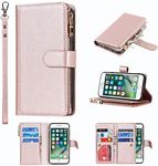 Cavor for iPhone 6 Plus/ 6s Plus Case 5.5 inch PU Leather Folio Flip Wallet Back Cover Magnetic Case with Hand Strap/Lanyard Zipper Coin Pocket 9 Card Slots Stand Feature Wristlet Strap -Rose