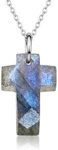 Joyfulmuze Genuine Rainbow Labradorite Pendant Small Cross, Unisex 925 Sterling Silver 18 Inch Chain, Stone 10x16mm, Handmade Religious Gift for Women and Men (labradorite)