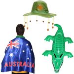 Australia Fancy Dress Set - Australian Flag, Australian Cork Hat and Inflatable Crocodile - Australia Day Fancy Dress Costume Accessory Set