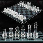 WARESHARK 25cm Glass Chess Game Set, Frosted Chess Board Set Large Glass Chess Pieces with Padded Bottom, Crystal Chess Board Adults Play Set 25cm