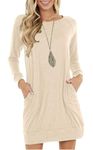 PrinStory Women Jumper Dress Long Sleeve Winter Dresses Casual Loose Mini Dresses Knitted Pullover Sweater Tunic Tops Basic Dress with Side Pockets UK Size 10-12 (VG Beige, M)