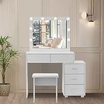 LEMROE Vanity Dressing Table Set with Mirror and Cushioned Stool Hollywood Makeup Table with Adjustable Brightness LED Cosmetic Table with 5 Drawers for Women