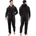 NOROZE Mens Plain Snuggle Hooded Onesie Adult Warm Fleece All-in-One Zip Jumpsuit Pyjamas Nightwear Loungewear Onesies (S, Black)