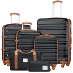 LONG VACATION Luggage Set 4 Piece Luggage Set ABS hardshell TSA Lock Spinner Wheels Luggage Carry on Suitcase(BLACK-BROWN, 6 Piece Set)