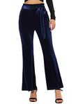 Allegra K Women's Velvet Pants Tie Waist Stretchy Wide Leg Pants with Pockets Dark Blue 12