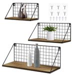 Firbon Floating Shelves Wall Mounted Set of 3, Rustic Metal Wire Grid and Wood Storage Shelves Sturdy Display Racks Home Decoration for Living Room, Office, Bedroom, Bathroom, Kitchen