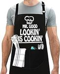 LINEN CLOSET® Adjustable Bbq Aprons for Men Funny Chef Aprons Christmas Grilling Gifts for Dad Son Father Husband with 2 Pockets-Mr Good Looking is Cooking Apron