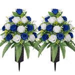 MOOMASS Artificial Cemetery Flowers – Grave Decorations, Cemetery Flowers for Grave Vase, Artificial Rose, Silk Flowers for Long-Lasting Remembrance(Dark Blue+White, 2 Bouquets)