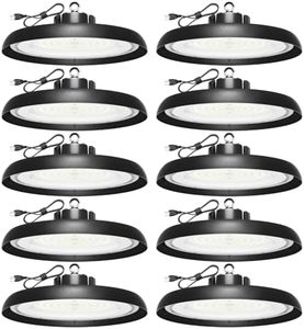 ONLYLUX 10 Pack UFO LED High Bay Light, 5000K Daylight 150W 22500LM Super Bright LED High Bay Shop Lights for Garage Shop Workshop Barn, with 5' US Plug, Hanging Hook, Safe Rope, IP65 Waterproof