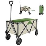 HAUSHOF Heavy Duty Collapsible Wagon, Folding Outdoor Utility Wagon, Camping Garden Beach Cart with Universal Quick Release Wheels, Adjustable Handle, 2 Cup Holders, 176 lbs Load Capacity, Green