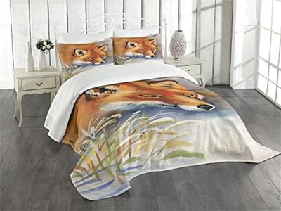 Lunarable Fox Bedspread, Wild Animal Theme Portrait of a Fox Pattern in Watercolor Effect Style Print, Decorative Quilted 3 Piece Coverlet Set with 2 Pillow Shams, Queen Size, Cinnamon Coconut