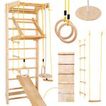 Physionics® Swedish Wall Bars Set - with Pull Up Bar & Other Attachments, for Adults & Children, Wood, 150 kg Max. Load, 80 x 220 x 60 cm, Natural Wood Colour - Gymnastics Stall Bars, Swedish Ladder