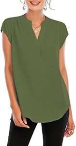 Famulily Womens Split V Neck Cap Sleeve Tops Frill Trim Elegant Work Office Blouse Shirts, Army Green, Large